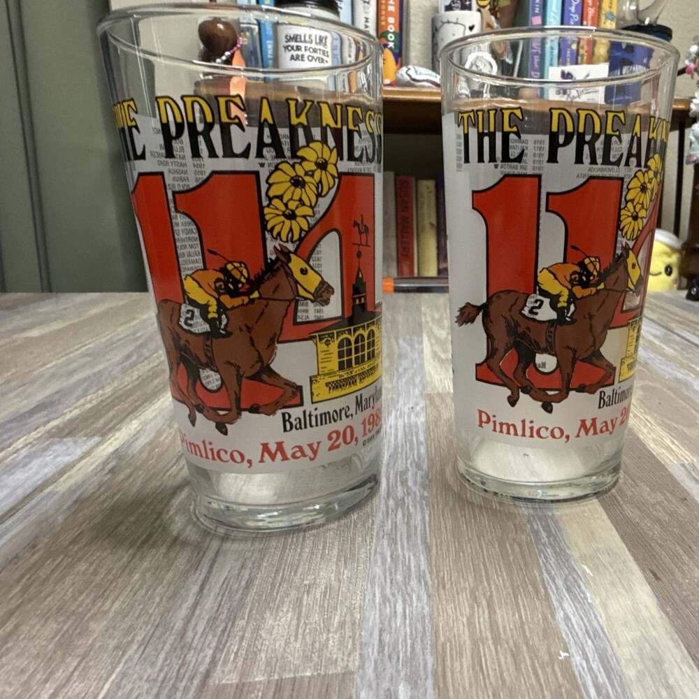 Set of 2 1989 Preakness Stakes 114th Mint Julep Glasses Pimlico Horse Racing